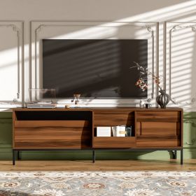 U-Can 70.8 Modern TV Stand For TVs Up To 75 Inches, Entertainment Center With Storage Space, Sliding Doors, Adjustable Shelves And Metal Frame, M (Option: Brown)